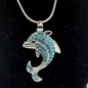 Turquoise Rhinestone Fish Necklace 17" Snake Chain Nautical Silver
